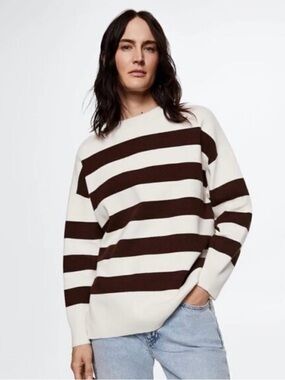 Mango Women's Cream & Brown Striped Crewneck Sweater
